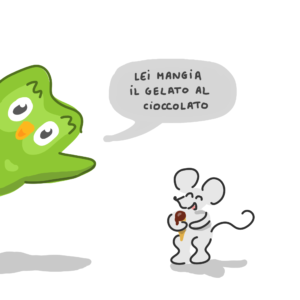 Le hibou surgit comme dans l'appli, avec dans une bulle "Lei mangia il gelato al cioccolato, à côte d'une souris rieuse avec sa glace