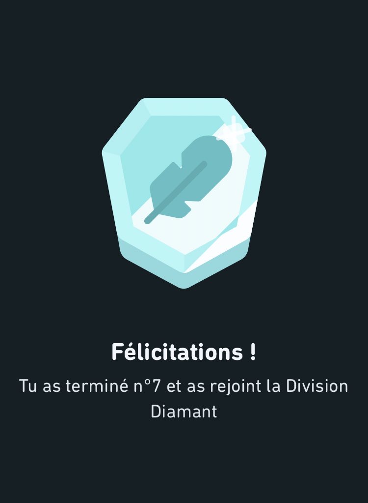 Capture de l'appli : Félicitations + passage dans la division diamant