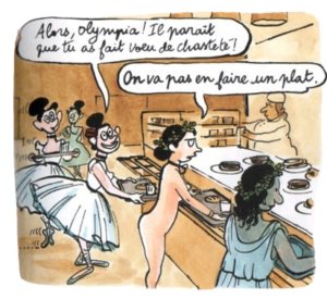 Olympia, nue, discute au self avec les danseuses de Degas