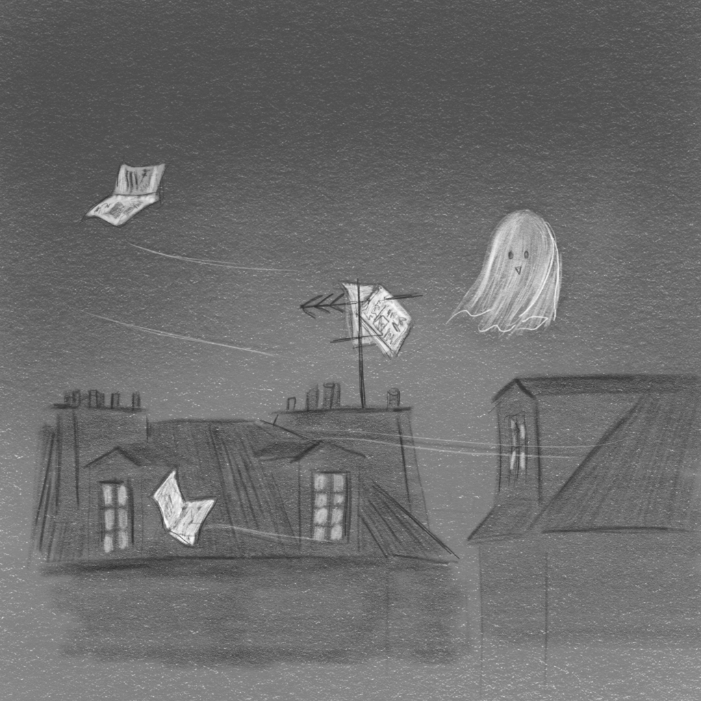 Dessin d'un fantôme qui fait face à une page de journal empalée sur une antenne au-dessus des toits, tandis que d'autres pages sont emportées par le vent 