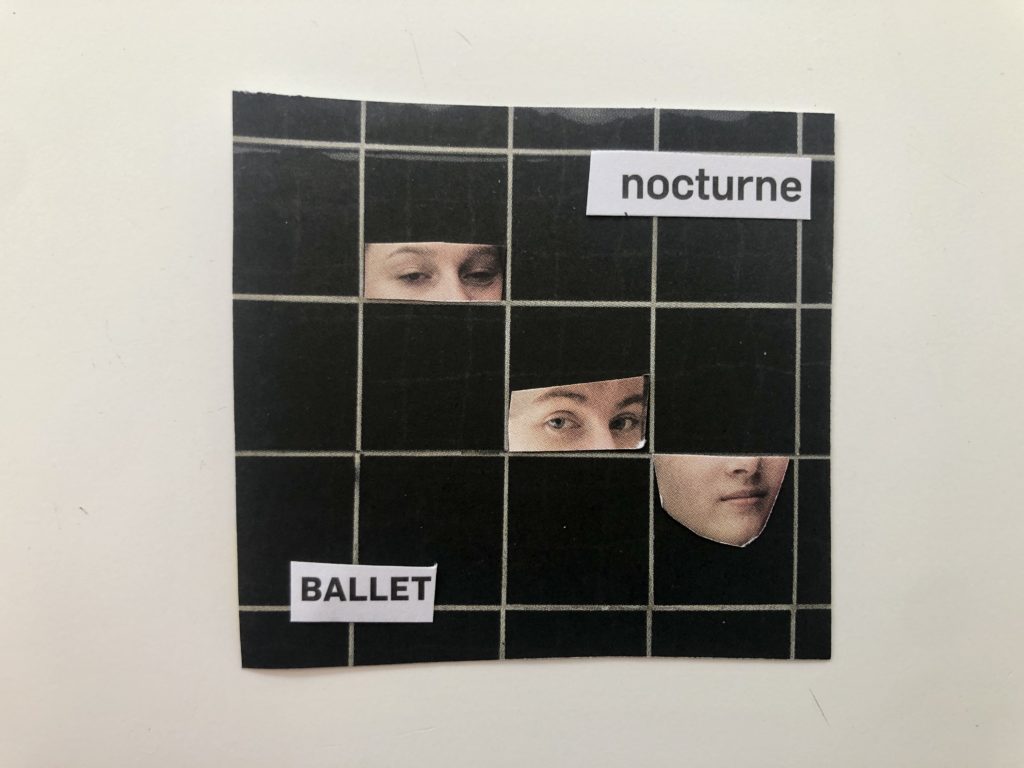 Collage : des morceaux de visage qui font la largeur des carreaux du carrelage utilisé comme fond + mots "nocturne" et "ballet"