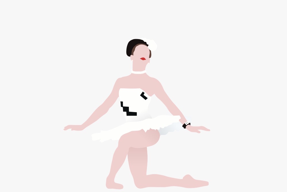 Danseuse à genou en tutu blanc avec des motifs géométriques noirs, mains flex, bijoux et rouge à lèvres