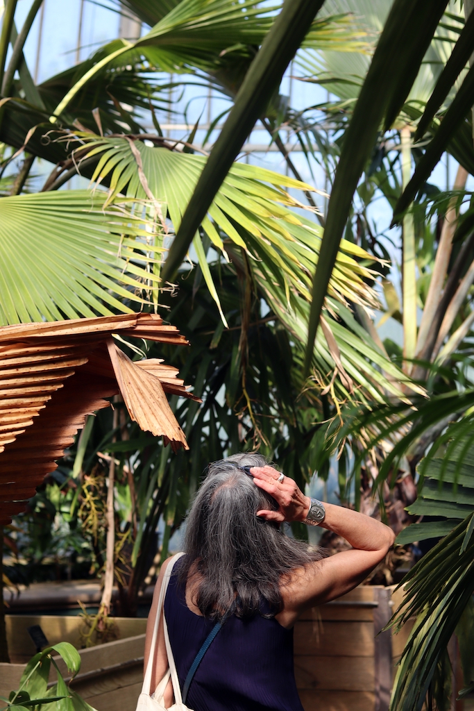 Mum la tête renversée pour admirer les palmiers