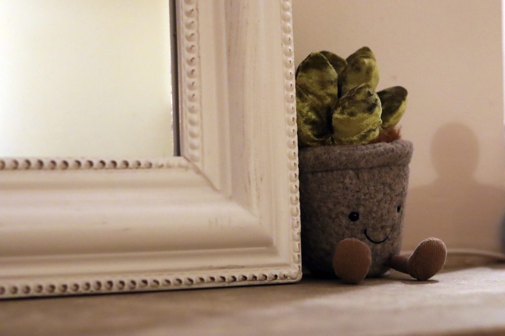 Une mignonne peluche plante à côté d'un miroir