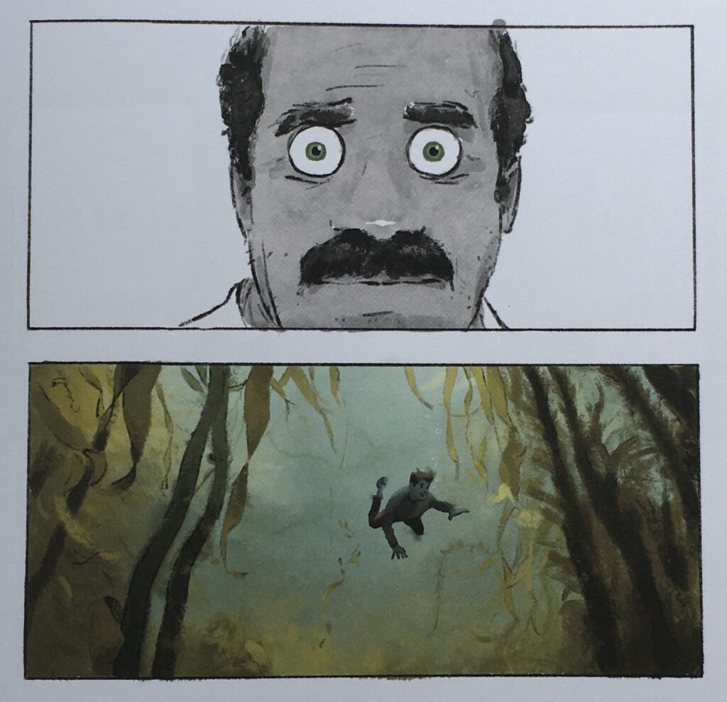 Vignette 1 : visage d'un homme moustachu en noir et blanc, avec les pupilles vertes. Vignette 2 : plongée aquatique dans des eaux bleu-vert, avec de longues algues qui encadrent 