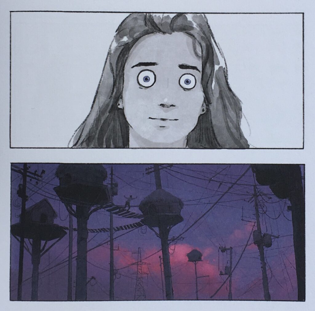 Vignette 1 : un visage de femme en noir et blanc, pupille violette.Vignette 2 : un paysage de cabanes et passerelles entre des poteaux électriques, avec un ciel violet parsemé de quelques nuages roses