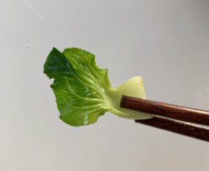 Mini feuille de pak chou trop choupie tenue à bout de baguettes