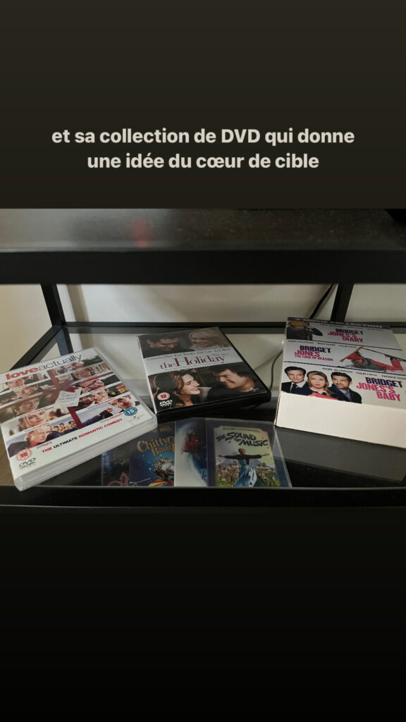 … et sa collection de DVD qui donne une idée du coeur de cible (the Holidays, Lova actually, coffret Bridget Jones)