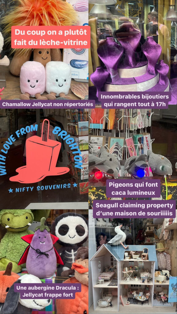 Du coup on a plutôt fait du lèche-vitrine : Chamallow Jellycat non répertoriés, innombrables bijoutiers qui rangent tout à 17h, lampes pigeons qui font caca lumineux, une aubergine Dracula (Jellycat frappe fort) et une mouette sur une maison de souris