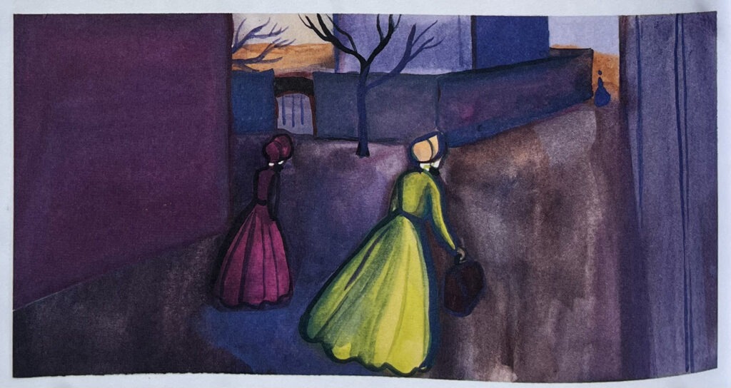 Silhouette jaune-vert et violette dans un paysage géométrique violacé