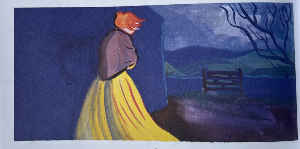 Dans un paysage de tempête bleu, Anne avec ses cheveux roux et une jupe jaune, fouettés par le vent