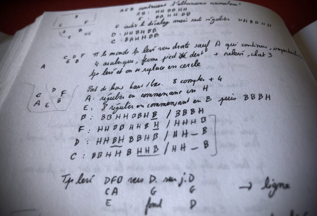 Page d'un carnet où se trouvent des notations cryptiques pour se souvenir de la chorégraphie et notamment de l'ordre des ports de bras des 6 danseuses, litanie de HHBBHHBHBH dans tous les sens