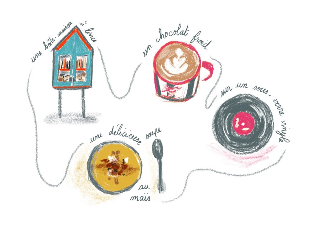 Dessin d'une boîte-maison à livres, une chocolat chaud froid sur un sous-verre en forme de vinyle et une délicieuse soupe au maïs