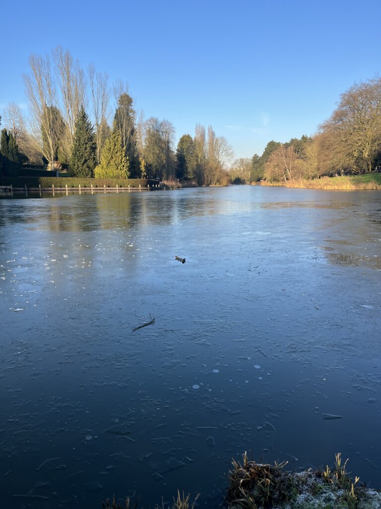 Canal gelé et ciel bleu au parc Barbieux