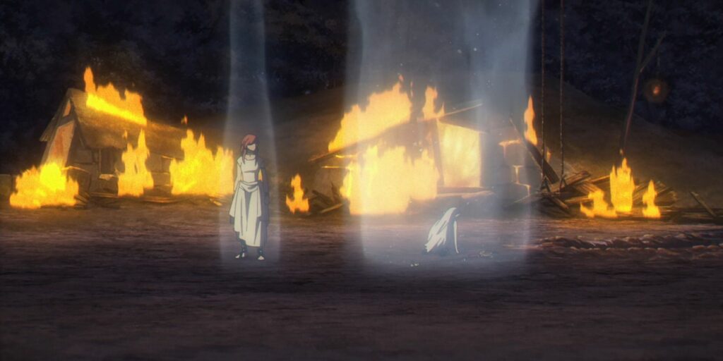 Capture d'écran de l'animé Frieren dans lequel on voit deux personnages qui ont chacune autour d'elles une colonne de fumée blanche