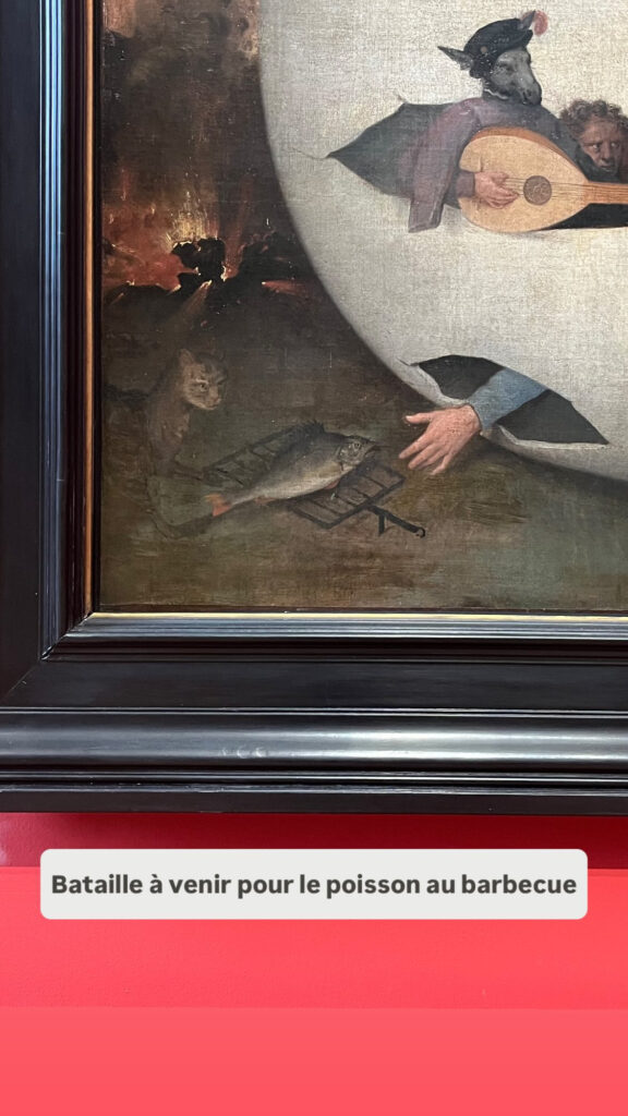 Détail d'une peinture à la Bosch où une main sort d'une coquille d'oeuf géante et tente d'attapper un poisson dans une grille, sur laquelle lorgne un chat chelou : "bataille à venir pour le poisson au barbecue"