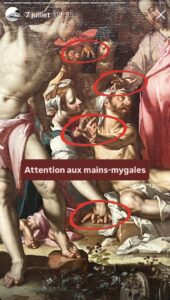 Détail d'un tableau vieillot où j'ai entouré les mains aux doigts potelés et écartés : "Attention aux mains mygales"