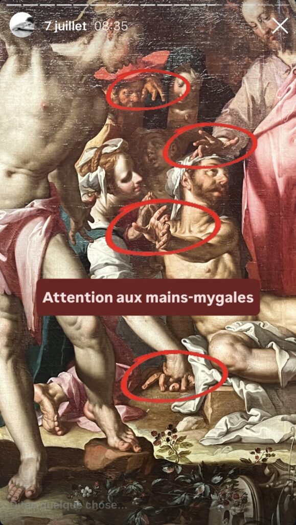 Détail d'un tableau vieillot où j'ai entouré les mains aux doigts potelés et écartés : "Attention aux mains mygales"