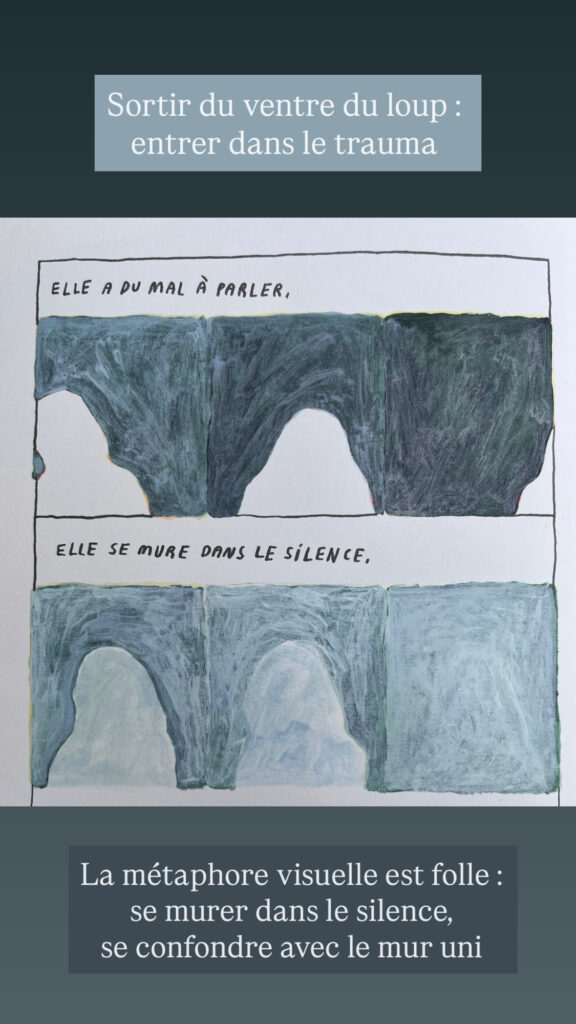 Sortir du ventre du loup : entrer dans le trauma BD : cases où une silhouette blanche se colore prend peu à peu la couleur du mur qui l'entoure. " Elle a du mal à parler." "Elle se mure dans le silence" La métaphore visuelle est folle : se murer dans le silence, se confondre avec le mur uni